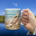 Calm coastal ceramic cup for coffee. Handmade beach mug from Michigan. 